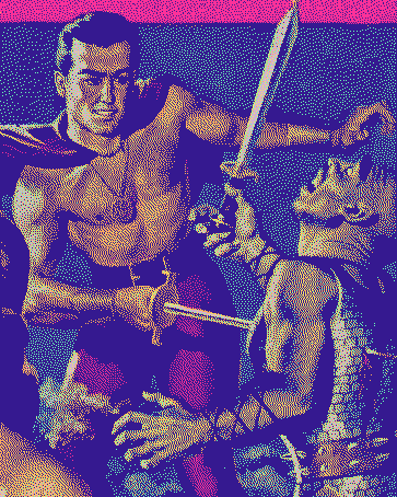 A person (left) stabs a goblin (right)
