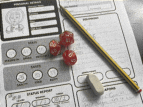 Three dice, a pencil, and an eraser on top of a player sheet for the game Mothership