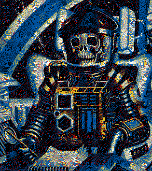 A skeleton in a spacesuit, sitting at a desk in a spaceship, writing with a pencil in a notebook